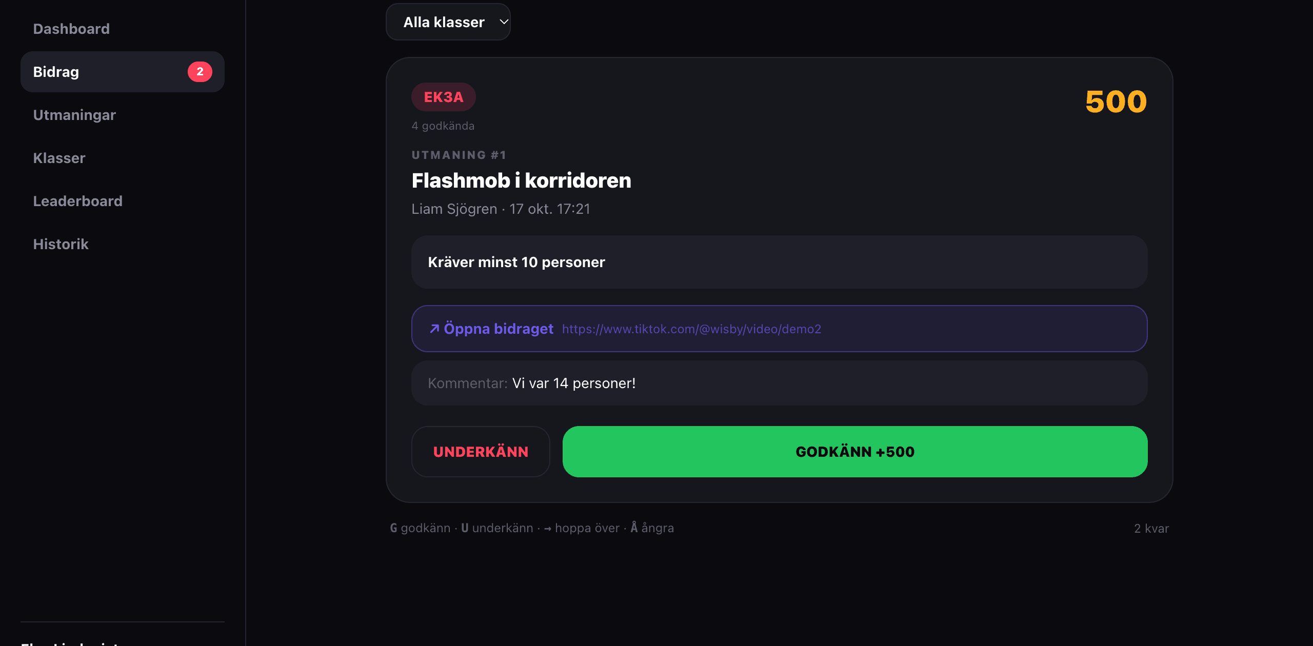 Panelens granskningskö: ett bidrag i taget med förhandsvisning av inlägget och knappar för att godkänna eller underkänna.